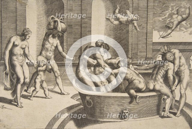 Men and women bathing, some embracing, 1531-76. Creator: Giulio Bonasone.