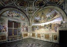 Stanza della Segnatura in the Vatican, view of the frescoes 'The dispute of the Sacrament' and 'J…
