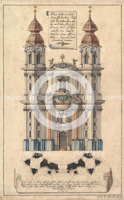 Baroque Church Façade with Obliquely Placed Towers., ca. 1760-70. Creator: Joseph Kirnberger.