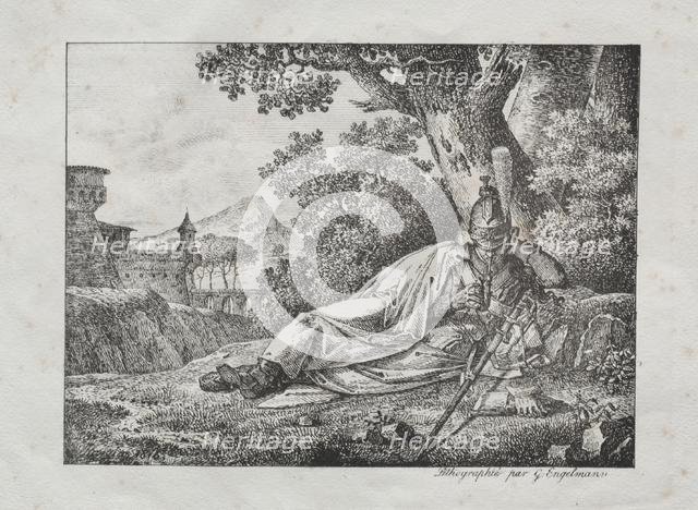 Receuil dessais lithographiques: Dragon fumant couche au pied dun arbre, 1822. Creator: Antoine Pierre Mongin (French, 1761-1827).