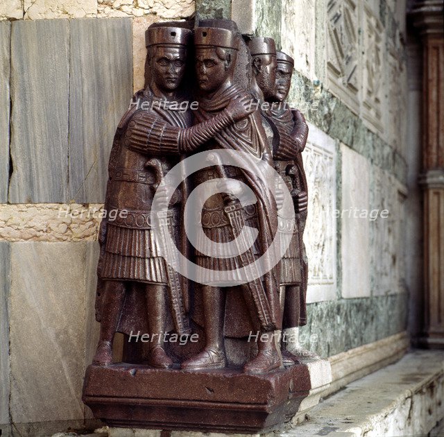 Diocletian (245-313), Roman emperor (284-305), porphyry sculpture outside of San Marco in Venice,…