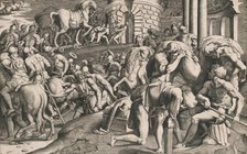 The Trojans pulling the wooden horse into the city, 1545. Creator: Giulio Bonasone.