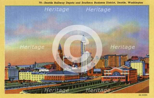 Railway depots and southern business district, Seattle, Washington, USA, 1936. Artist: Unknown