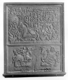 Fireback with New Testament Scenes and Two Knights Jousting, German, 1520. Creator: Unknown.