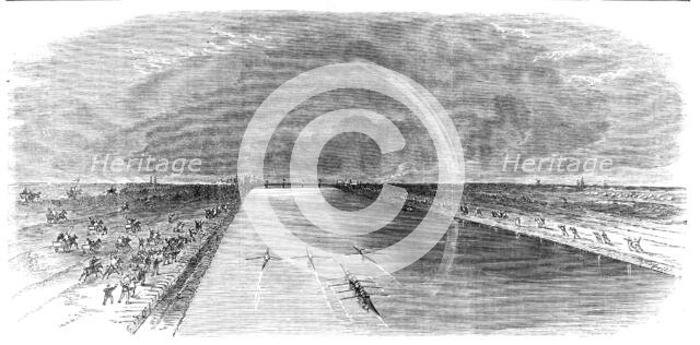 Sculling match for £250 between Kelley, Chambers, and Cooper...Eau Brink Cut, King’s Lynn, 1865. Creator: Unknown.