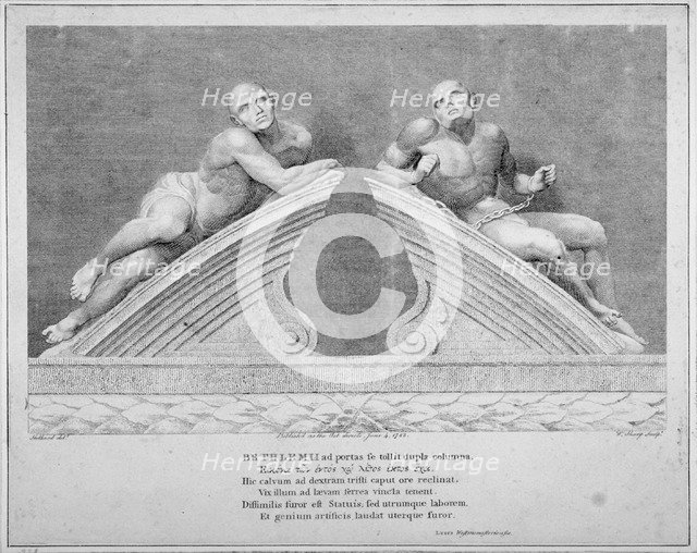 Sculptures outside the entrance to Old Bethlehem Hospital, Moorfields, City of London, 1783. Artist: William Sharp