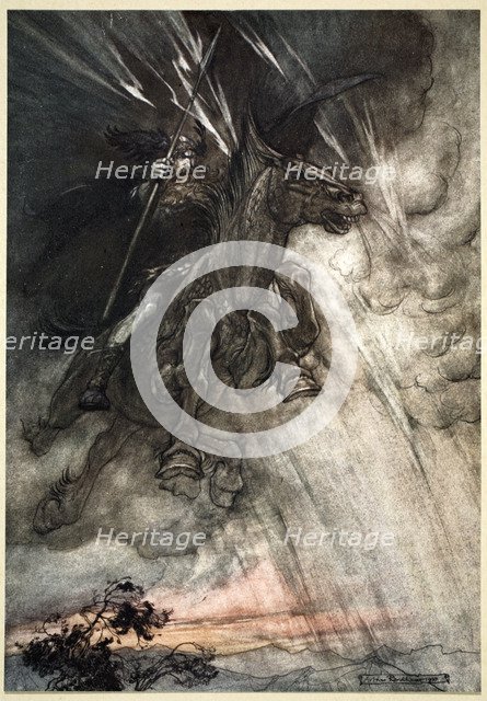 'Raging, Wotan Rides to the Rock! Like a Storm-wind he comes!', 1910.  Artist: Arthur Rackham