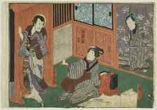 Actors as Genroku, Otsuma, and Shokuro, from an untitled series of half-block..., c. 1851/52. Creator: Utagawa Kunisada.
