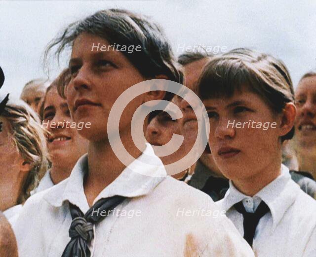 Hitler Youth Listening to a Speech, 1930s. Creator: British Pathe Ltd.