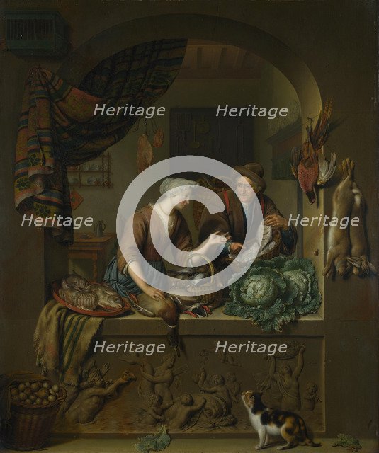 A Woman and a Fish-pedlar in a Kitchen, 1713. Artist: Mieris, Willem van (1662-1747)