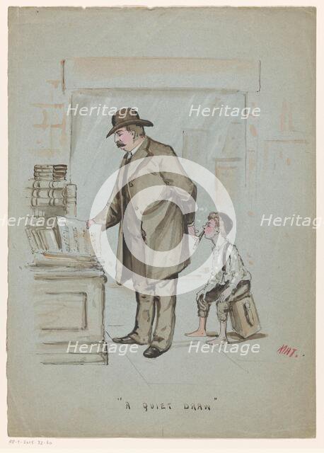 Boy secretly takes a puff of a cigar held by a man looking at sheet music, c.1900-c.1950. Creator: Mat.