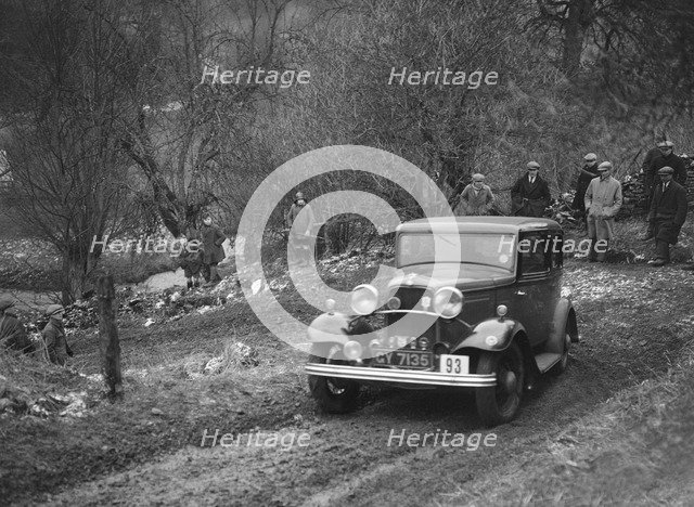 Ford Model B of K Hutchison competing in the Sunbac Colmore Trial, Gloucestershire, 1933. Artist: Bill Brunell.