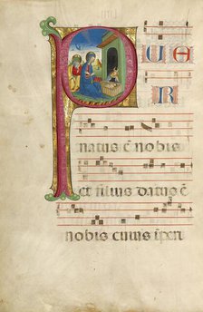 Initial P: The Adoration of the Christ Child and The Annunciation to the Shepherds, about 1460-1480. Creator: Unknown.