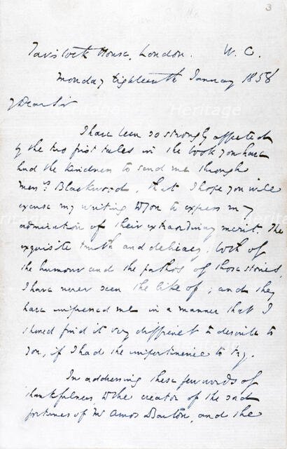 Letter from Charles Dickens to 'George Eliot' (Mary Ann Evans), 1858. Creator: Charles Dickens.