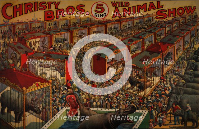Christy Bros. 5 ring wild animal show circus poster, c1919 - 1930. Creator: Riverside Print Co.