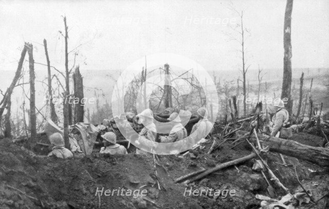 French soldiers overlooking German positions, Battle of Malmaison, 1917. Artist: Unknown