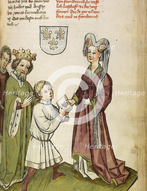 Emperor Sigismund before Joan of Arc (From: The life and times of the Emperor Sigismund by Eberhard Windeck), c. 1450. Artist: Lauber, Diebold, (Workshop)  