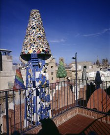 Chimneys on the roof of the Güell Palace 1886-1890, designed by Antoni Gaudí i Cornet, renovated …