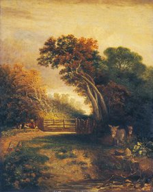 Landscape with Picnickers and Donkeys by a Gate, c. 1830-1880. Creator: Joseph Paul.