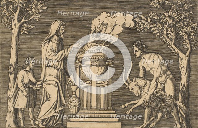The sacrifice of a ram held by a naked man at right, hooded priest at left with a..., ca. 1515-1600. Creator: Unknown.