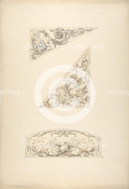 Three designs for painted decorative motifs featuring griffins and scrollwork, 1830-97. Creators: Jules-Edmond-Charles Lachaise, Eugène-Pierre Gourdet.