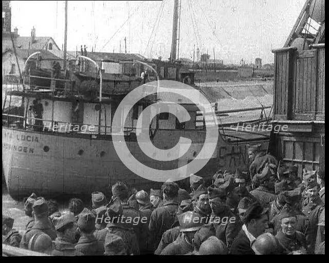 French Soldiers Boarding Ships in the Netherlands To Escape the Advancing German Army, 1940. Creator: British Pathe Ltd.