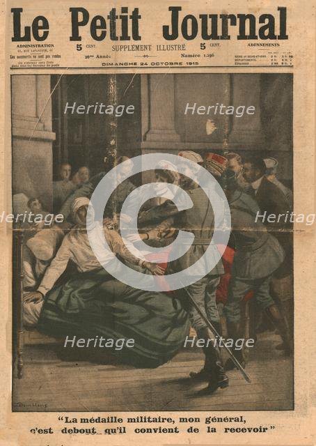 A wounded man attempts to stand up to receive his medal, 1915. Creator: Unknown.