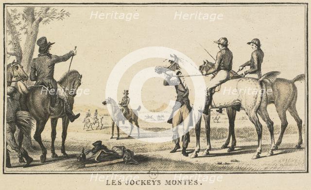 Racing Scenes: The Jockey Mounting the Horse (Scènes Hippiques: Le jockey montant a cheval). Creator: Carle Vernet (French, 1758-1836); Jazet and Aumont.