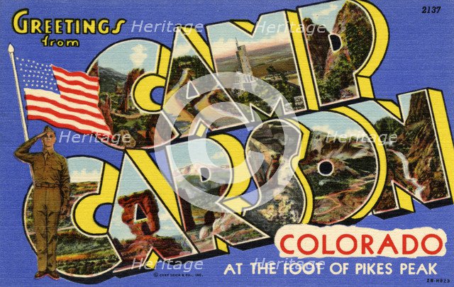 'Greetings from Camp Carson, Colorado, at the Foot of Pike's Peak', postcard, 1942. Artist: Unknown