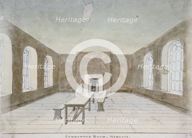 Interior of the condemned room in Newgate Prison, Old Bailey, City of London, 1810. Artist: Valentine Davis