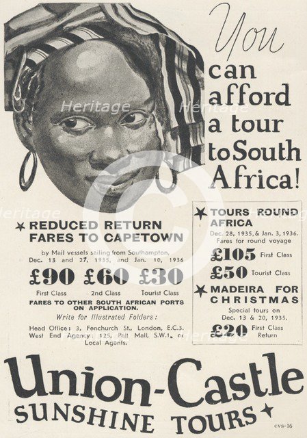 Union Castle sunshine tours, 1935. Artist: Unknown