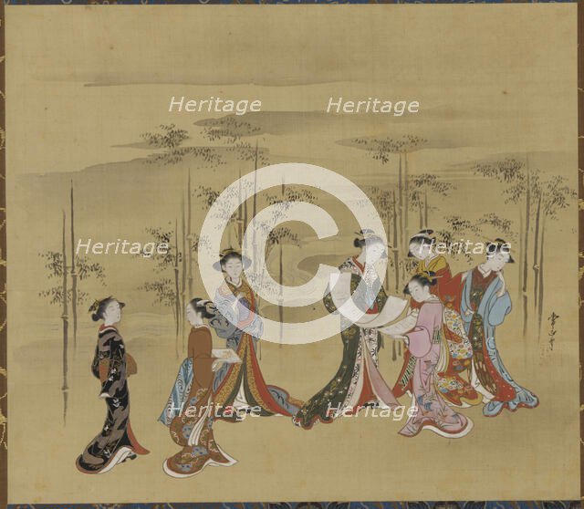 Seven young women in a bamboo grove, 18th century. Creator: Kawamata Tsunemasa.