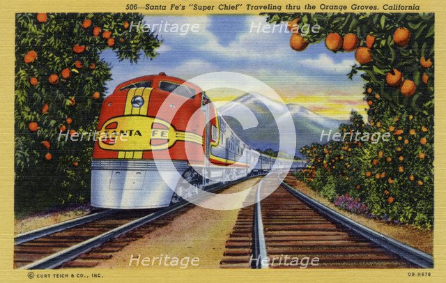 Santa Fe's 'Super Chief' travelling through orange groves, California, USA, 1940. Artist: Unknown