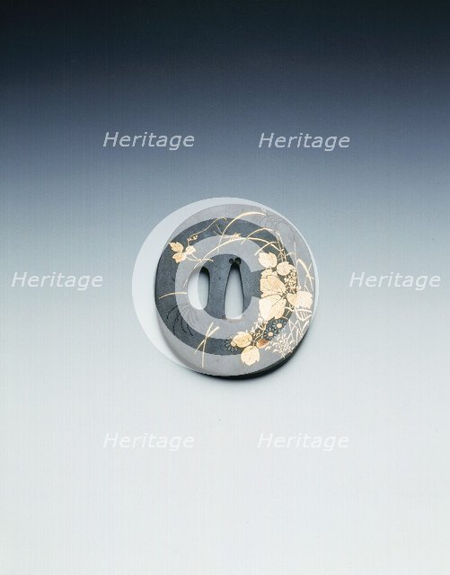 Tsuba (sword hilt) in shakudo with gold inlays of grasses and cricket, Japan, early 19th century. Artist: Unknown