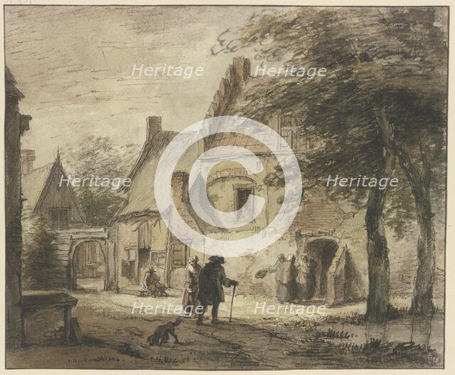 Farmstead with several figures, a dog in the foreground. Creator: Jan Hulswit.