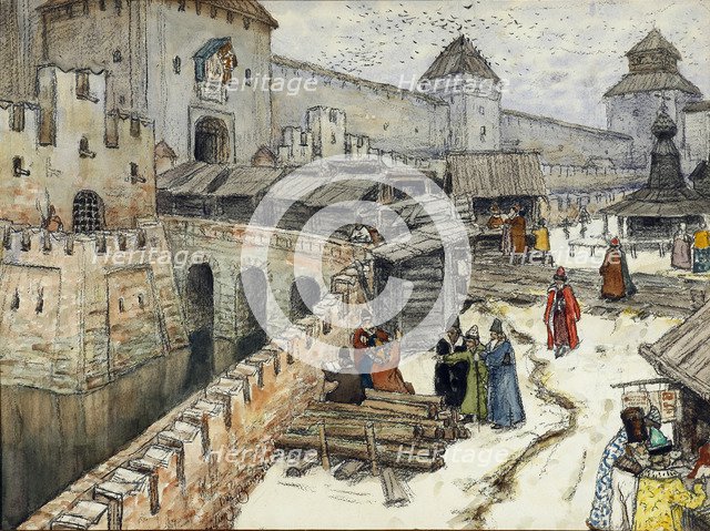 Moscow in the 17th Century. Bookshops on the Christ the Saviour Bridge, 1902. Artist: Vasnetsov, Appolinari Mikhaylovich (1856-1933)