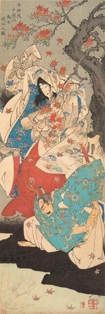 Taira Koremochi Conquering the Devil Woman on Mount Togakushi (Taira no Koremochi..., 1887. Creator: Yoshitoshi, Tsukioka (1839-1892).