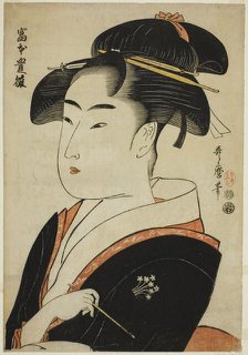 Tomimoto Toyohina, from the series "Famous Beauties of Edo (Edo komei bijin)", Japan, c. 1793/94. Creator: Kitagawa Utamaro.
