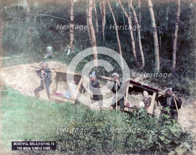 Women in palanquins visiting the Mayasan (Moon Temple), Kobe, Japan. Artist: Unknown