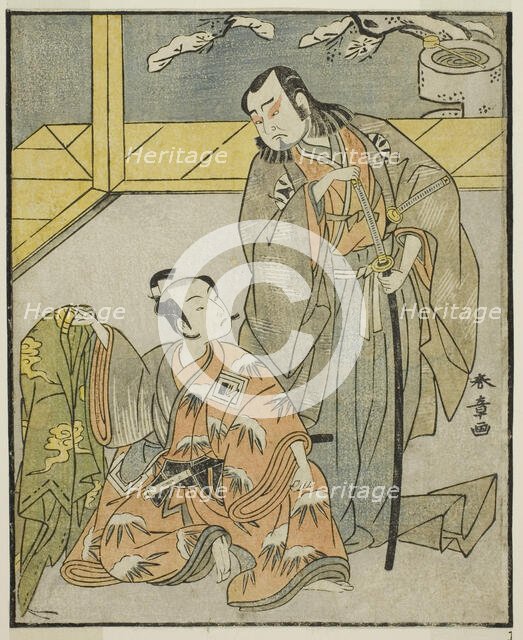 The Actors Nakamura Denkuro II as Suma no Dairyo (right), and Ichikawa Komazo II as..., c. 1772. Creator: Shunsho.