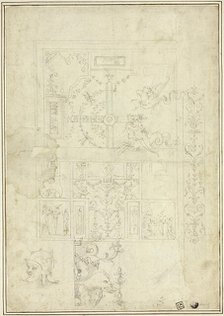 Ceiling Design, with Sketches of Ornamental Border, Helmeted Head (recto); Sketches..., n.d. Creators: School of Giovanni da Udine, called Giovanni dei Ricamatori, School of Perino del Vaga.