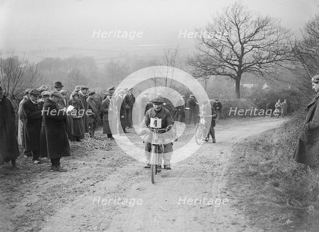 Unidentified motorcycle at an early motoring trial, pre 1914.   Artist: Bill Brunell.