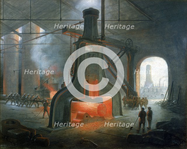 James Nasmyth's steam hammer erected in his foundry near Manchester in 1832. Artist: James Nasmyth