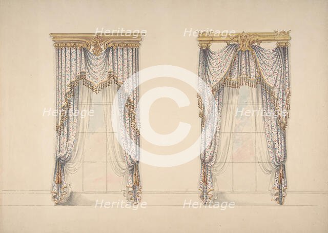 Design for Pink, Green and White Curtains with Gold and Red Fringes, and Gold..., ca. 1820. Creator: Anon.