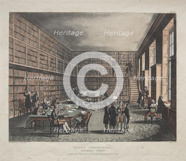 Royal Institution, Albemarle Street, 1809. Creator: Thomas Rowlandson (British, 1756-1827); Augustus Charles Pugin (British, 1762-1832), and.