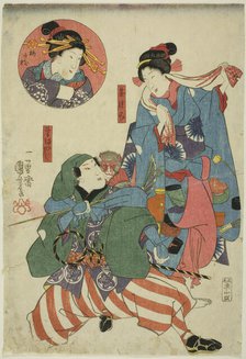 The actors Bando Shuka I as a Tea Picker (Chatsumi), Ichimura Uzaemon XII as a Monkey..., c. 1847. Creator: Utagawa Kuniyoshi.