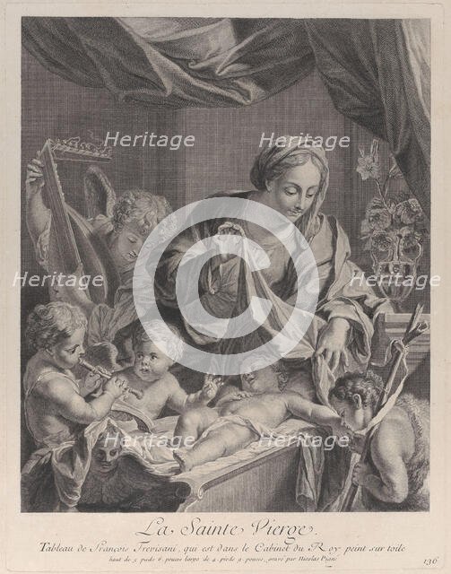 The Virgin holding a cloth above the sleeping Christ child, with musical angels and th..., ca. 1729. Creator: Nicolas Pigne.
