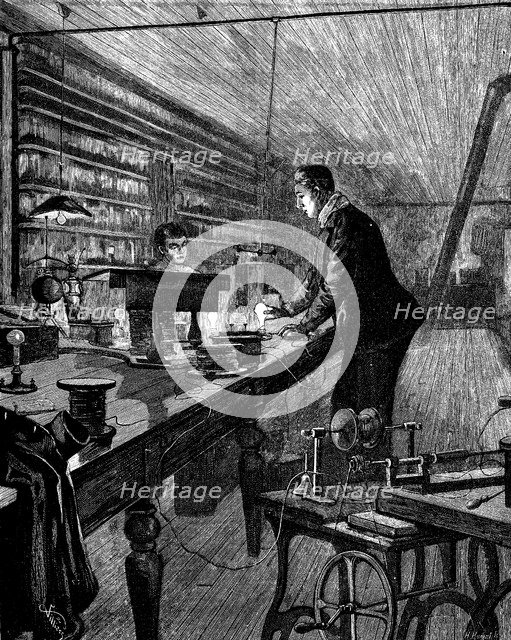 Thomas Alva Edison (Milan, Ohio, 1847-West Orange, New Jersey, 1931) in his lab, inventor of the …