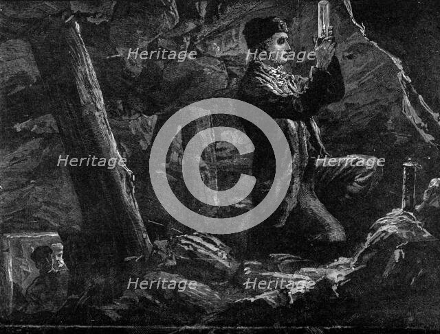 George Stephenson, the Father of Railways: Stephenson experimenting with the Safety Lamp..., 1881. Creator: Unknown.