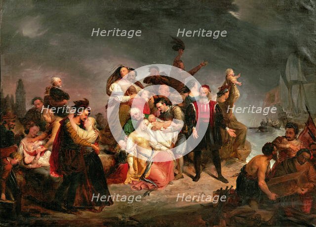 The farewell to America or The Boarding the Mayflower. Creator: Wappers, Gustave (1803-1874).